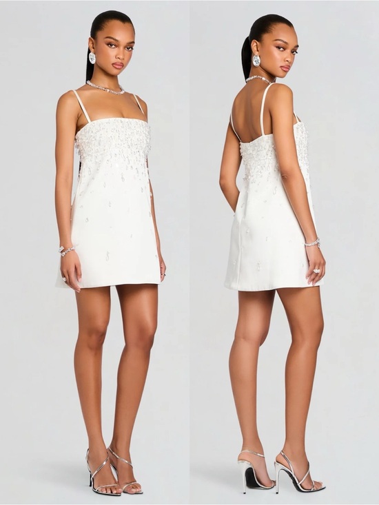 Retrofete Dresses & Skirts - Retrofete Cornelia Crystal Embellished Empire Waist Mini Dress White